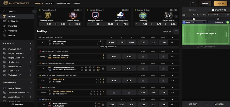 Screenshot of the PantherBet sport page