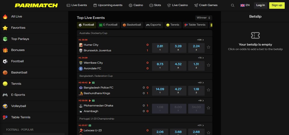Screenshpt of the Parimatch sport page