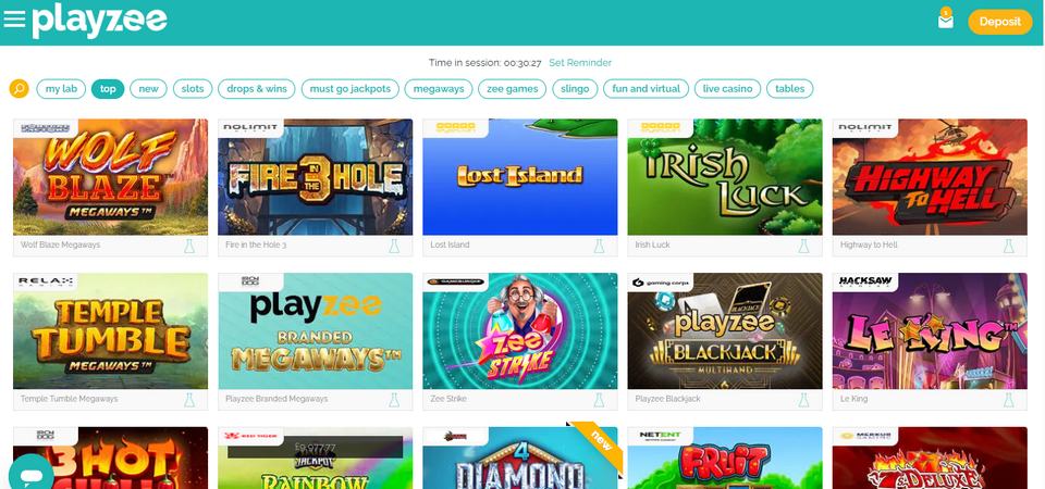 Screenshot of the Playzee casino page