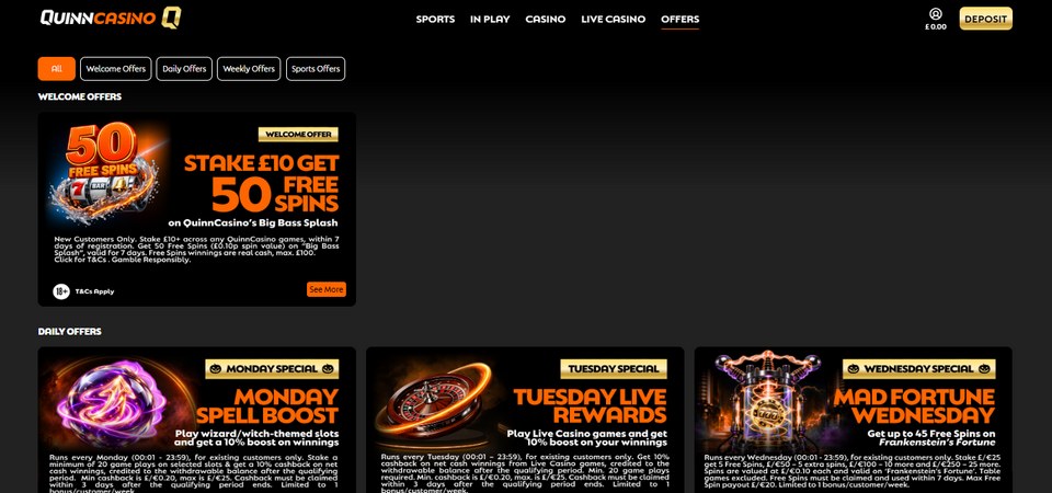 Screenshot of the Quinnbet promo page