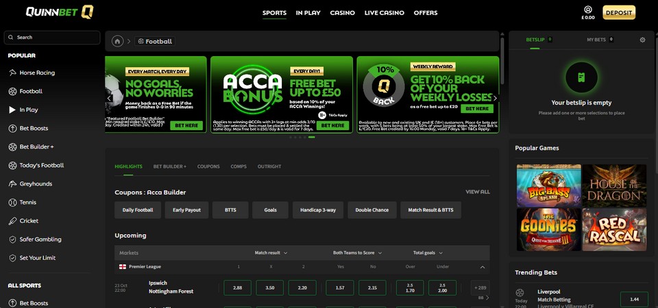 Screenshot of the Quinnbet LIVE Betting page