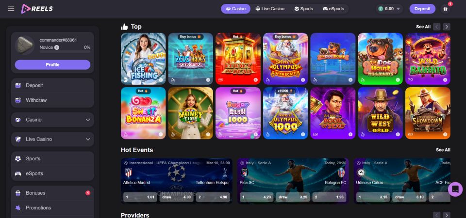 screenshot of casino page reels.io