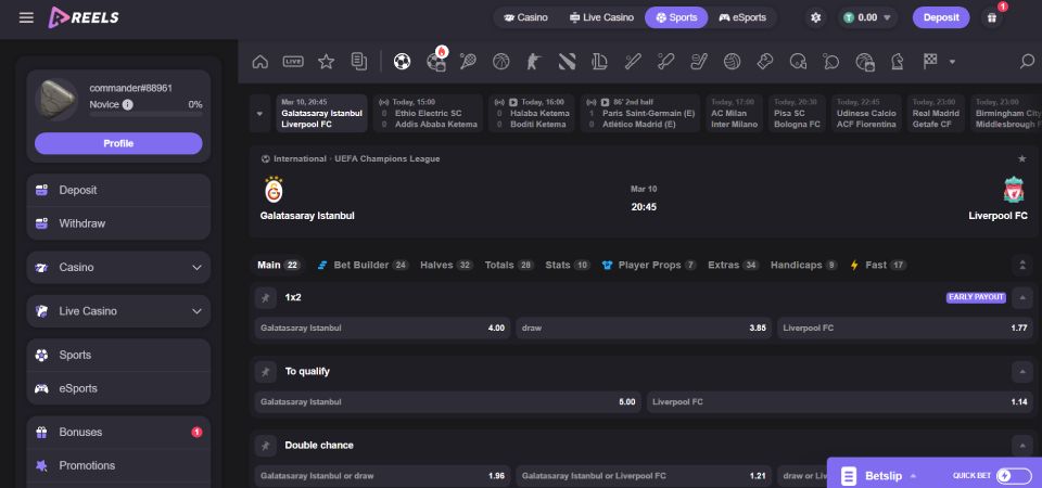 screenshot of sport page reels.io