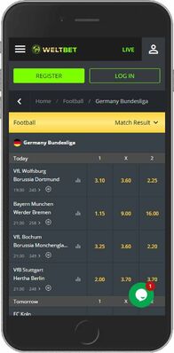 Weltbet mobile app - sports page