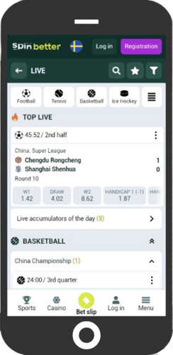 Mobile screenshot of the SpinBetter live page