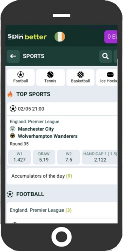 Mobile screenshot of the SpinBetter sports page