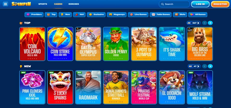Screenshot of the Spinfin Casino page