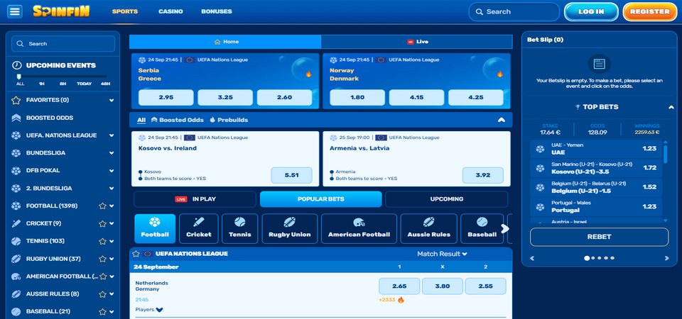 Screenshot of the Spinfin LIVE Betting page