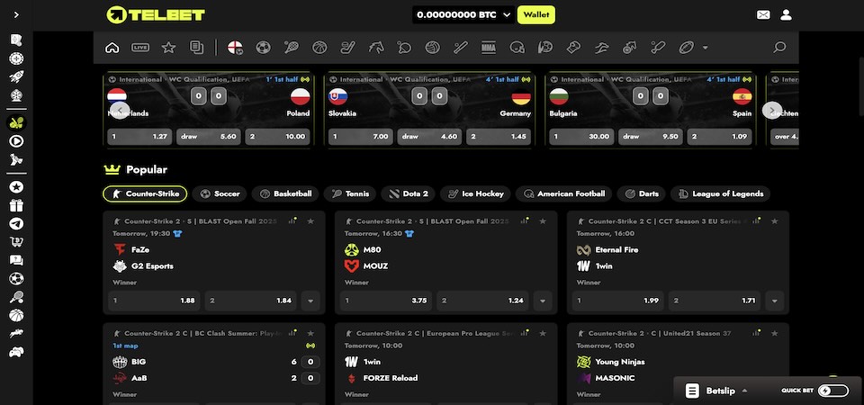 Screenshot of the TelBet sports page