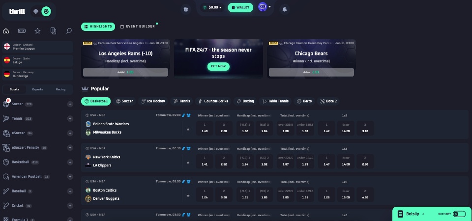 Screenshot of the Thrill sports page