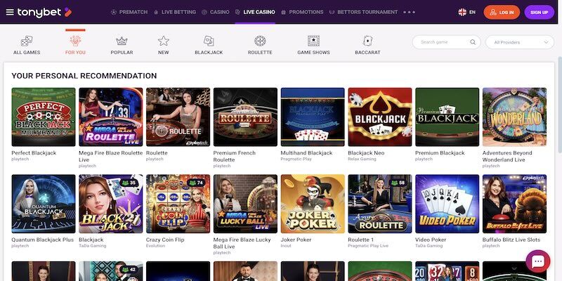 TonyBet live casino page