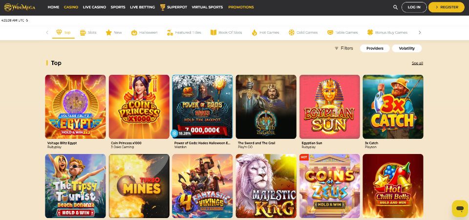 Screenshot of the Winmega casino page