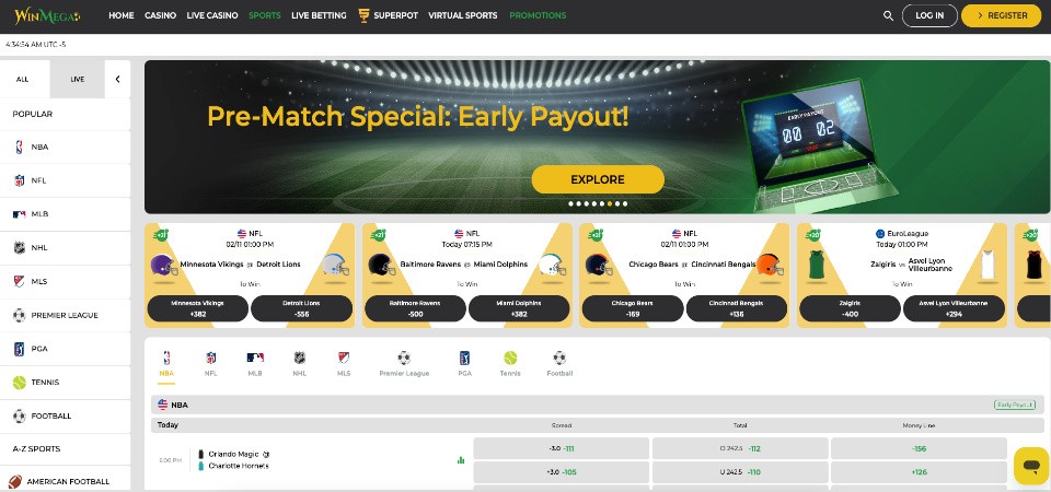 Screenshot of the Winmega sports page