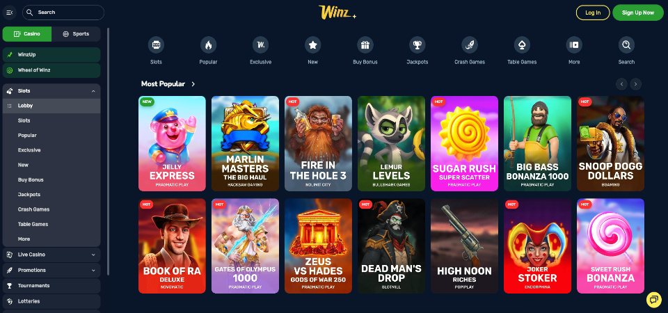 Screenshot of the Winz.io casino page
