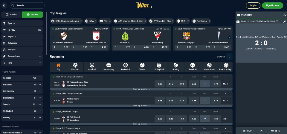 Screenshot of the Winz.io sport page