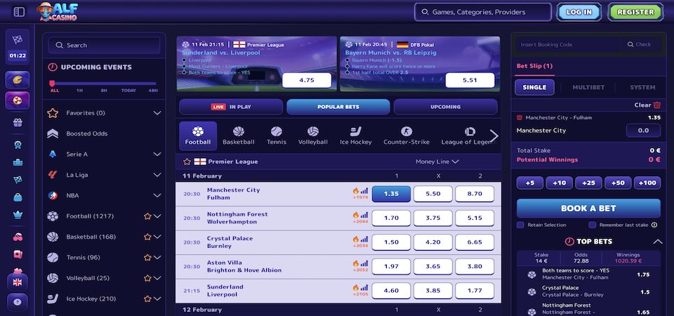 Screenshot of the AlfCasino sports page