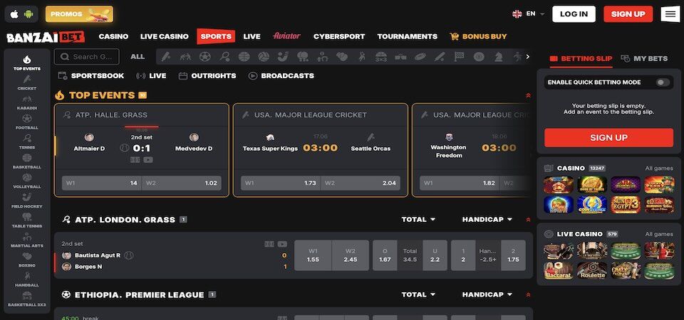 Screenshot of the Banzai sport page