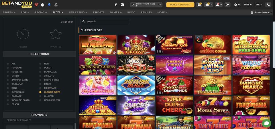 Screenshot of the BetAndYou Africa casino page
