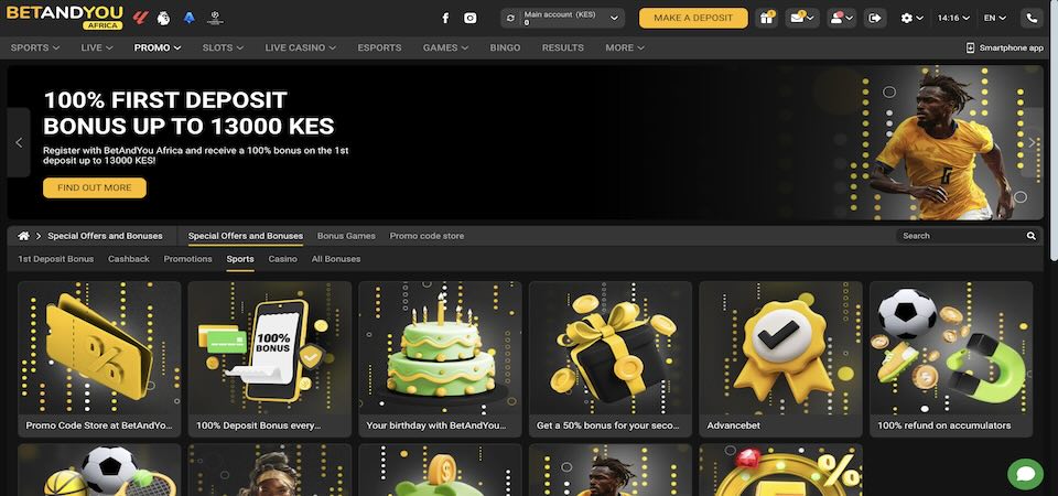 Screenshot of the BetAndYou Africa bonuses page
