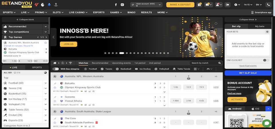 Screenshot of the BetAndYou Africa sport page
