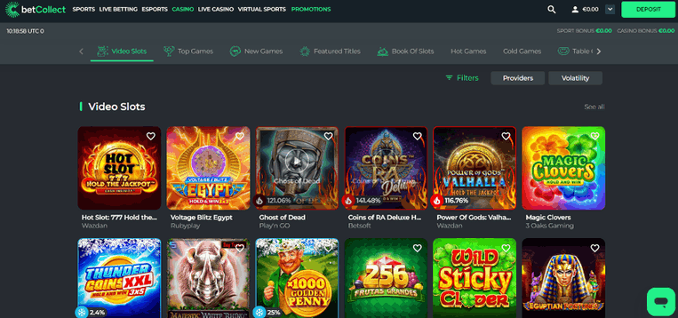 Screenshot of the BetCollect casino page