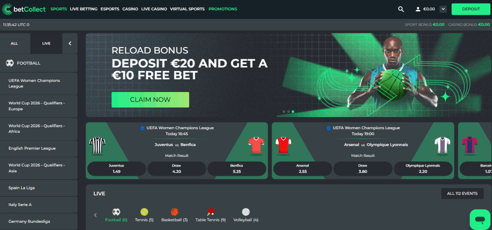 Screenshot of the Betcollect sport page