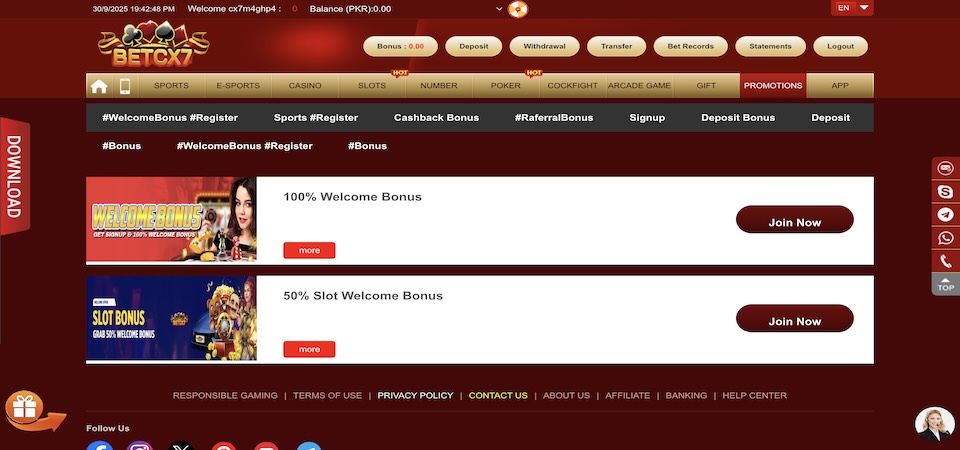 Screenshot of the BetCX7 promo page