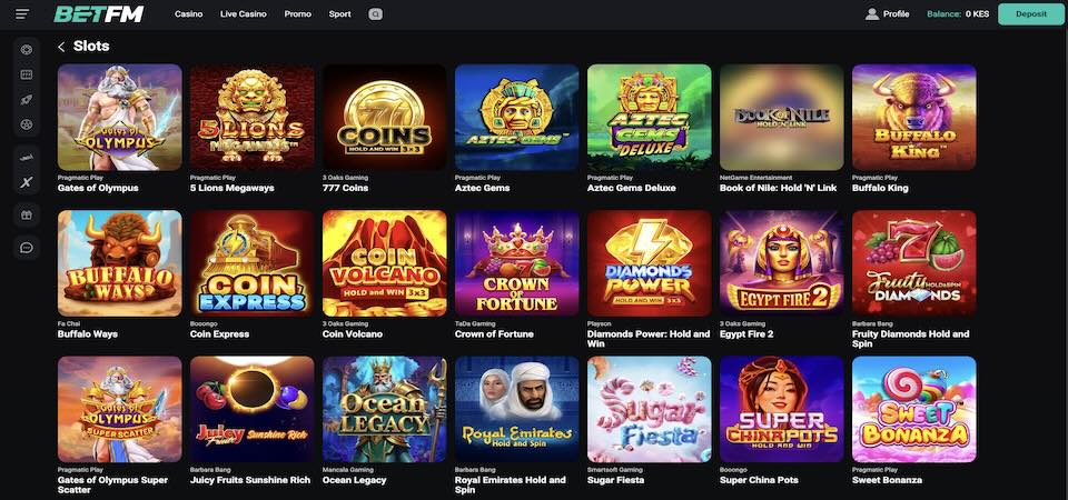 Screenshot of the BetFM casino page