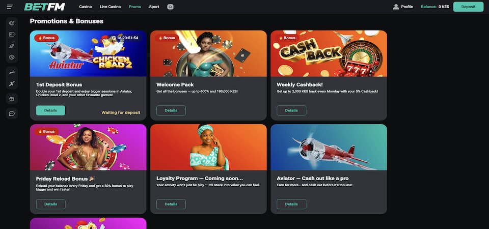 Screenshot of the BetFM bonuses page