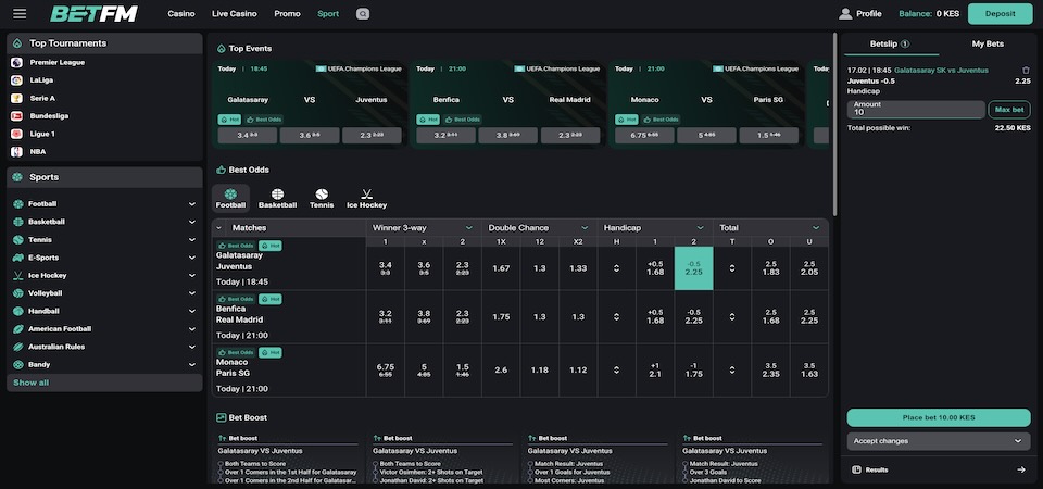 Screenshot of the BetFM sports page