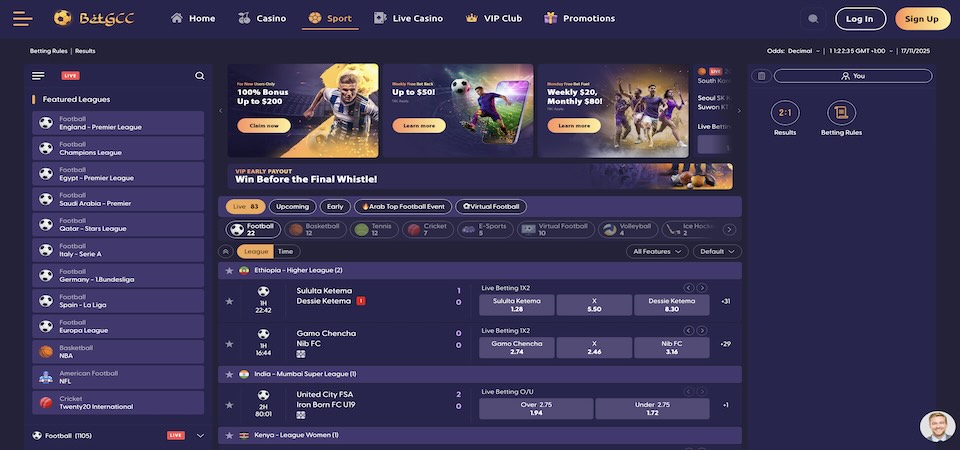 Screenshot of the BetGCC sport page
