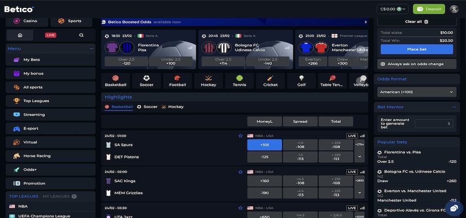 Screenshot of the Betico sports page