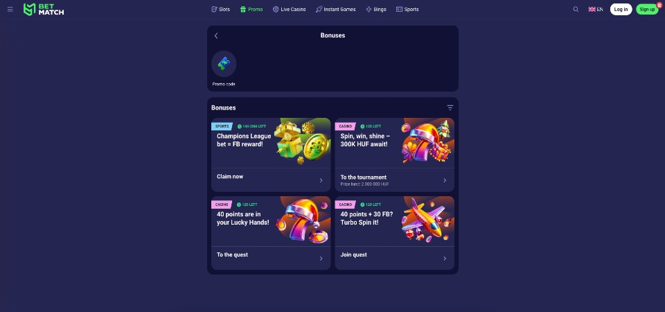The screenshot of BetMatch bonus page