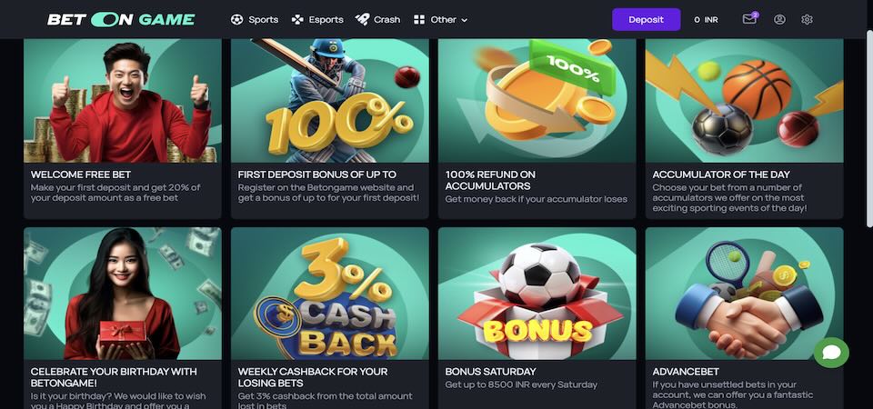 Screenshot of the BetOnGame bonuses page