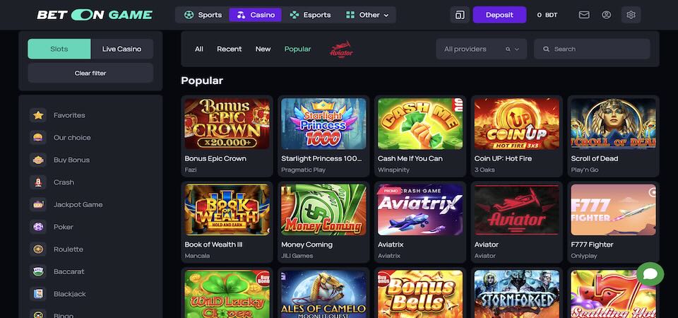 Screenshot of the BetOnGame casino page BD