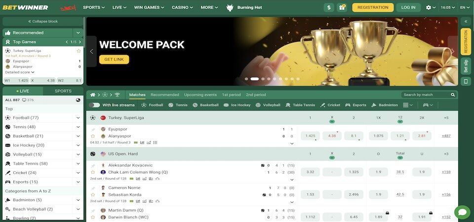 Screenshot of the Betwinner sports page