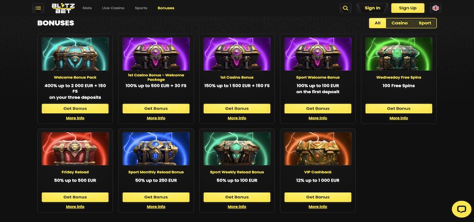 Screenshot of the blitz-bet bonuses page