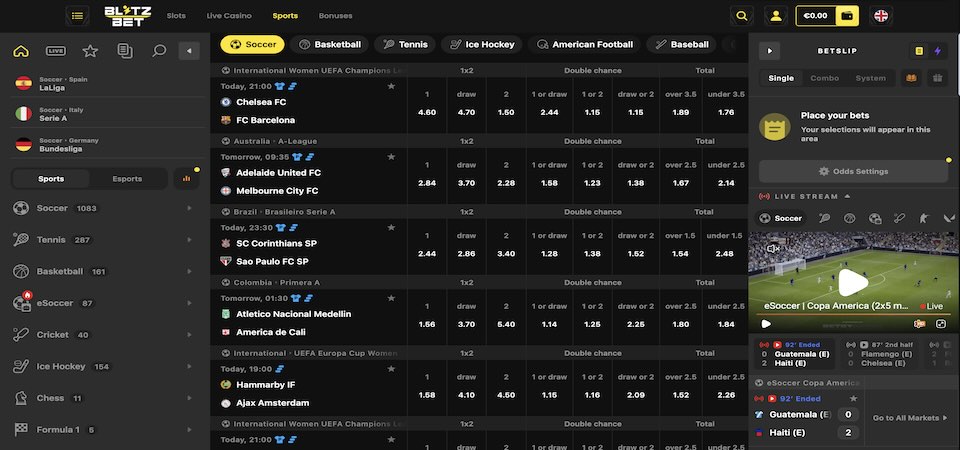 Screenshot of the Blitz-bet sport page