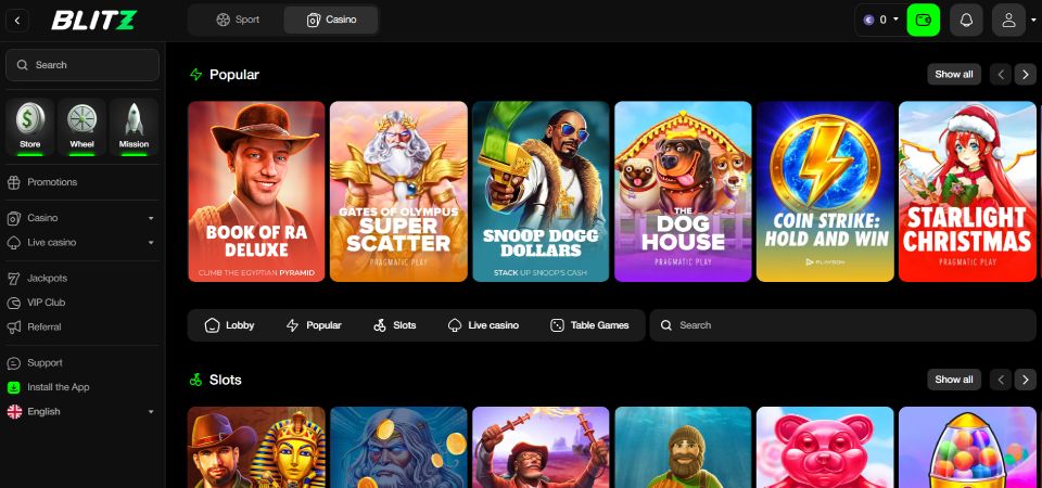 screenshot of blitz.bet casino page