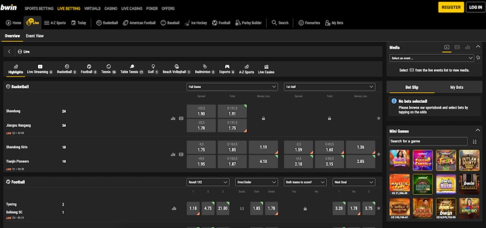 The screenshot of Bwin live page