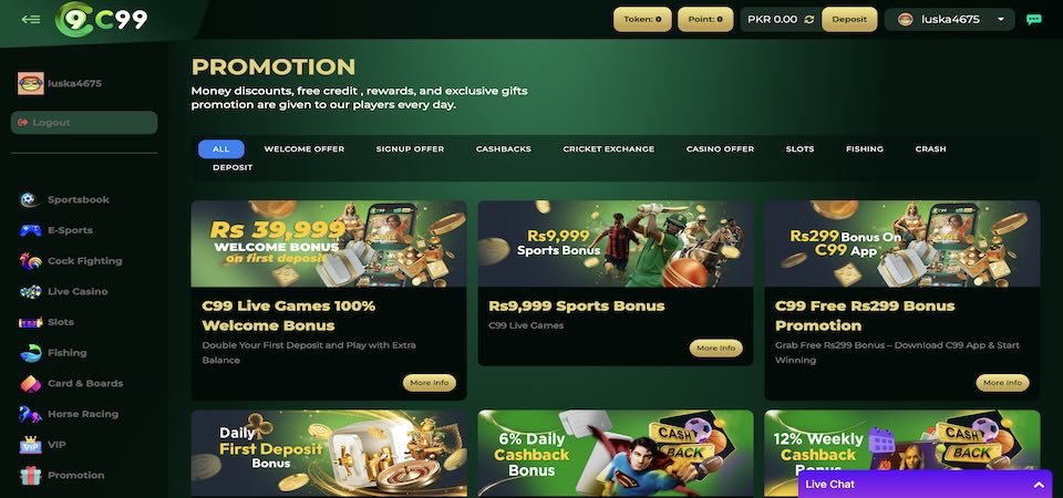 Screenshot of the C99games promotions