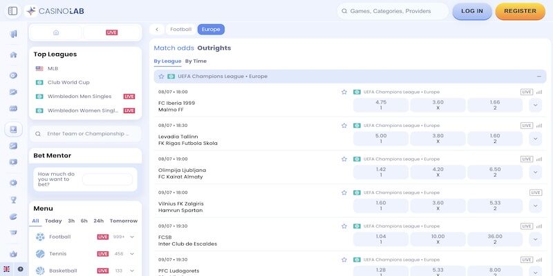 Screenshot of the CasinoLab football page