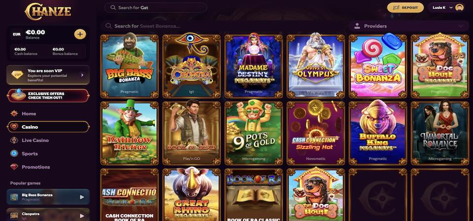 chanze casino page screenshot