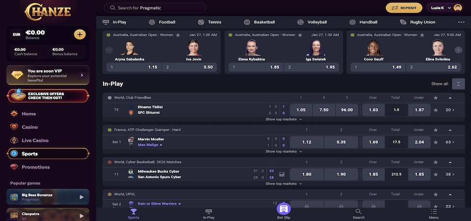 chanze sport live page screenshot