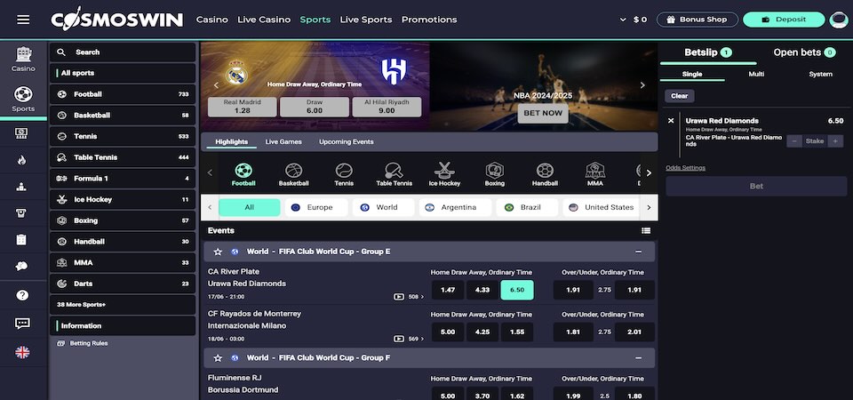 Screenshot of the Cosmoswin casino page