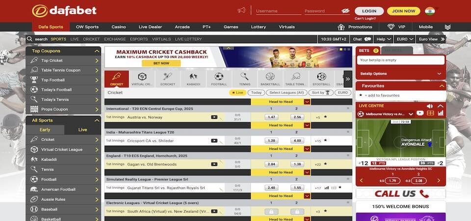 Screenshot of the Dafabet sport page