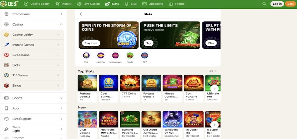 Screenshot of the Desi casino page