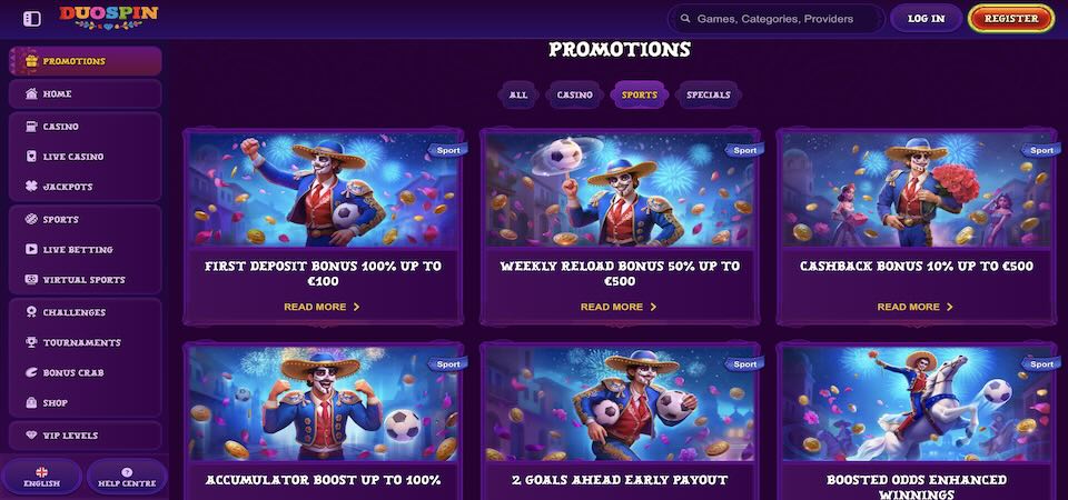 Screenshot of the DuoSpin bonuses page