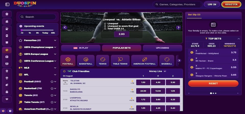 Screenshot of the DuoSpin sport page