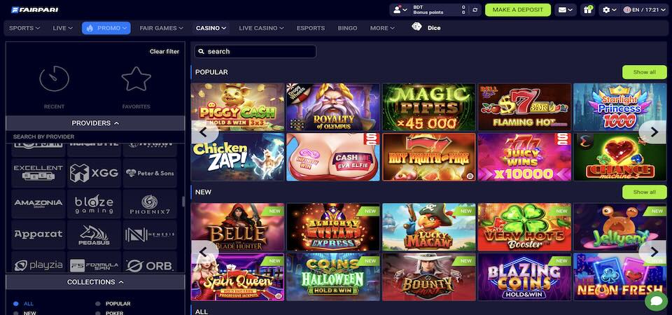 Screenshot of the FairPari casino page